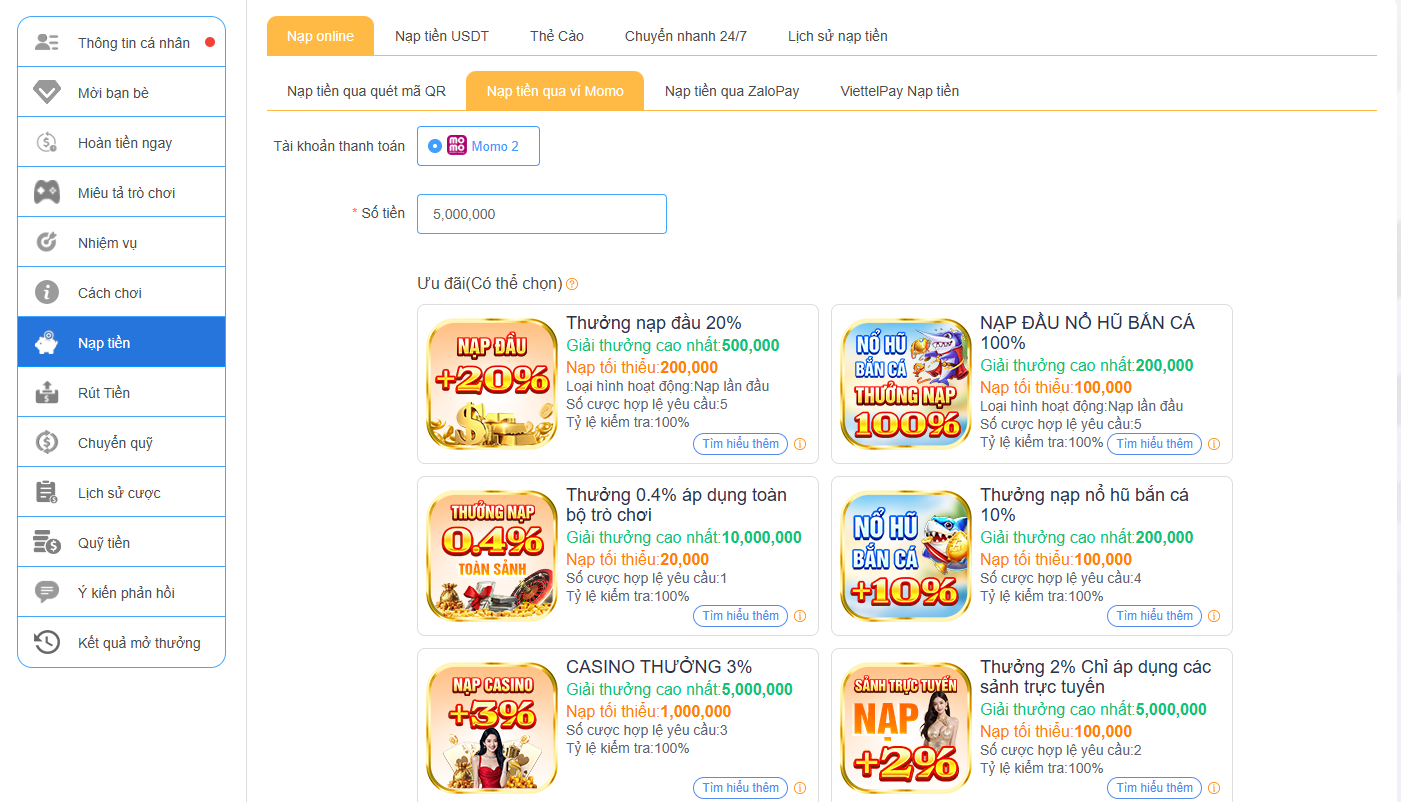 Quy trình nạp tiền vào nhà cái Au88